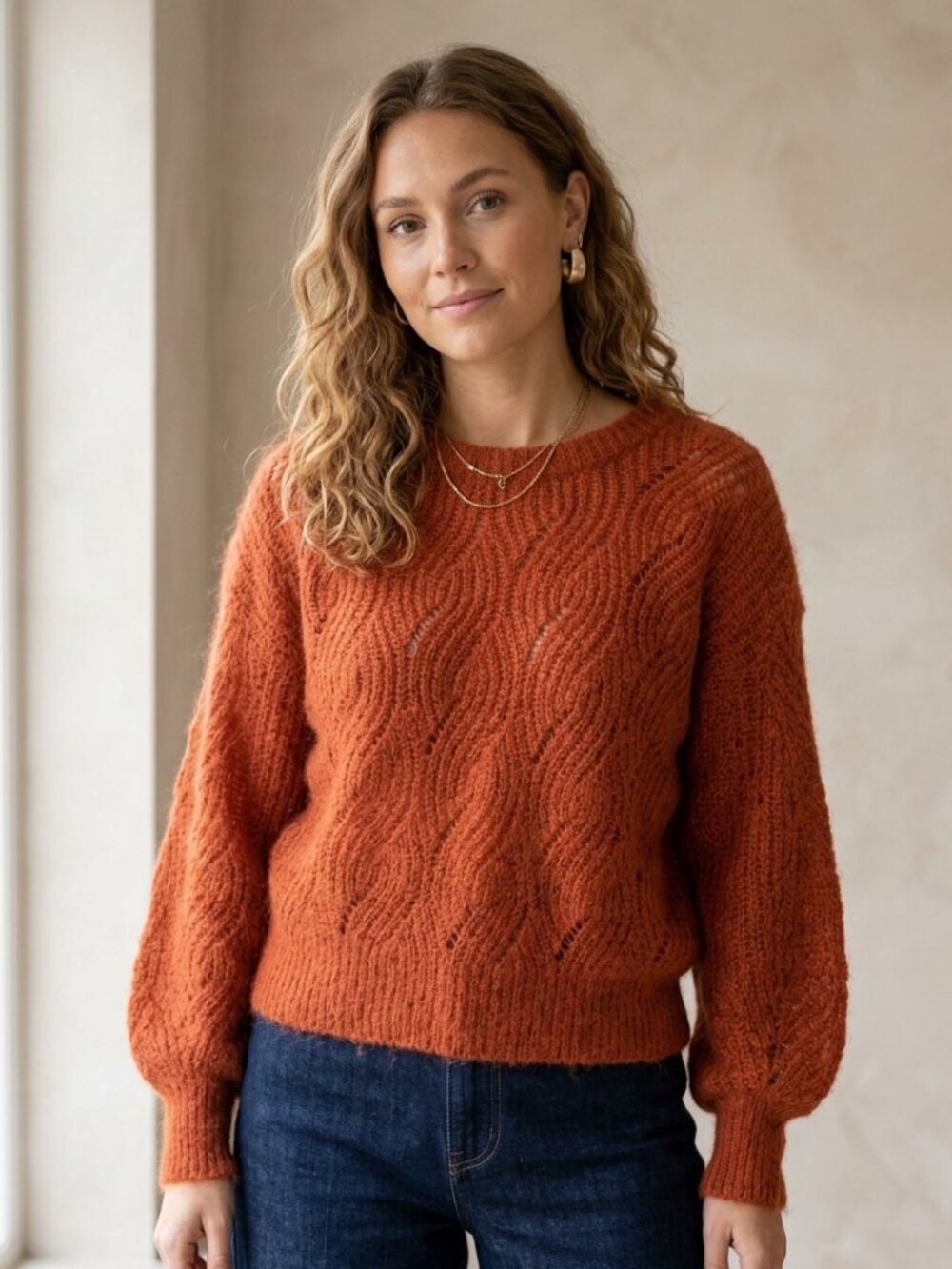 Part Two Copenhagen Mohair Burnt Orange Loose Knit Puff Sleeve Sweater